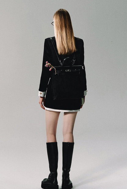 Black Velvet Contrast Trim Suit Top/skirt