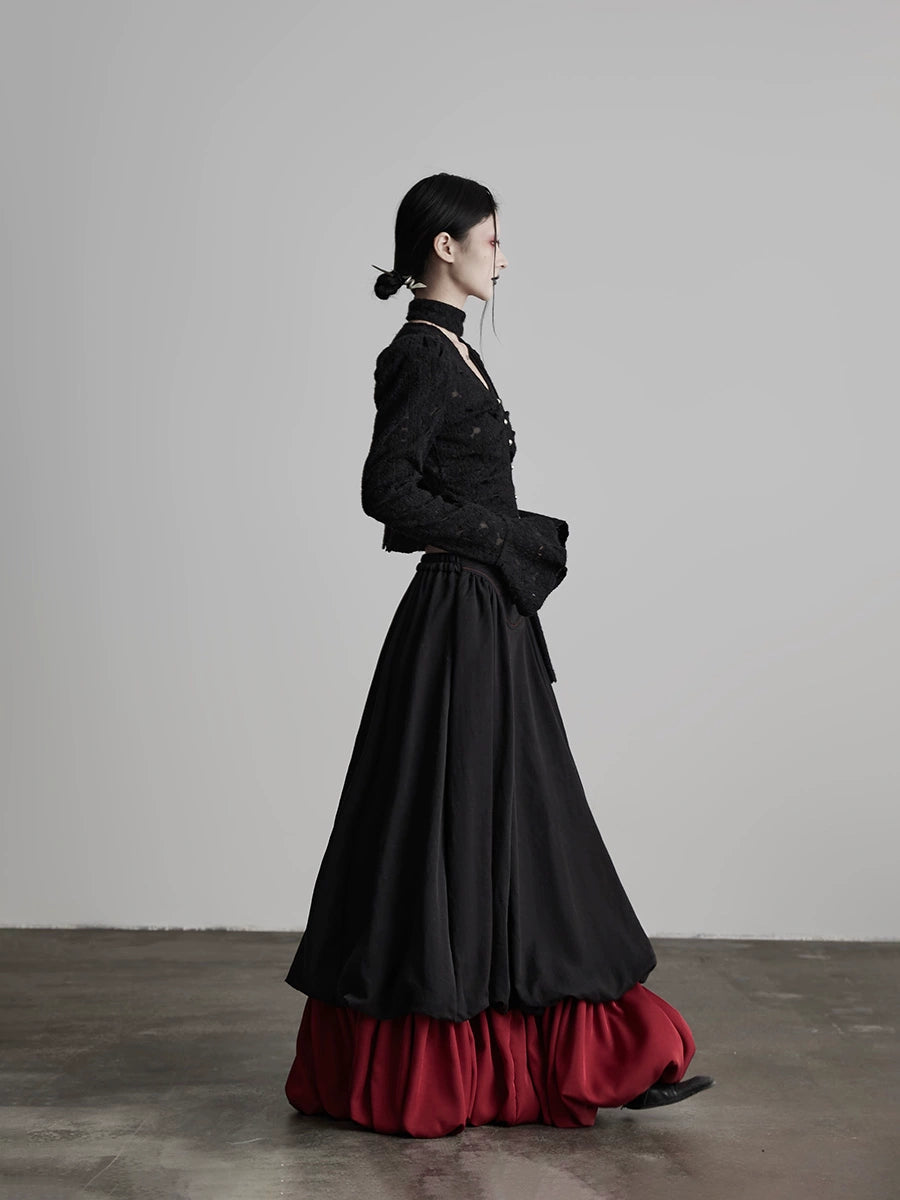 Black Patchwork Faux Two-piece A-line Skirt