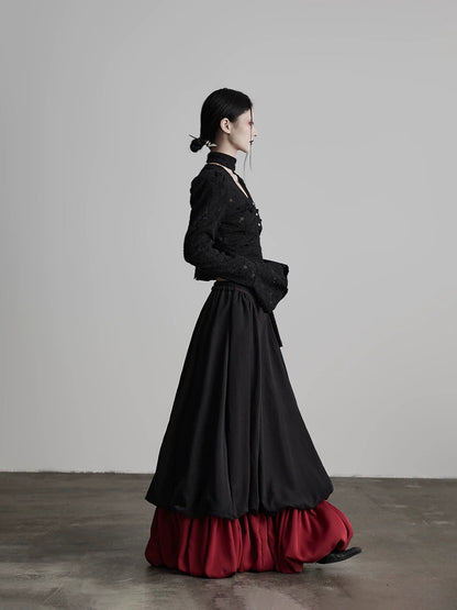 Black Patchwork Faux Two-piece A-line Skirt
