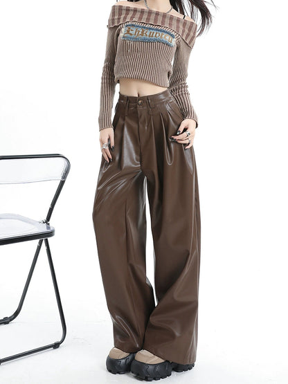 Coffee Wide-leg Pu Leather Pants