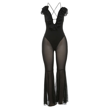 Spring Summer Mesh Stitching See Through Design Horn Jumpsuit