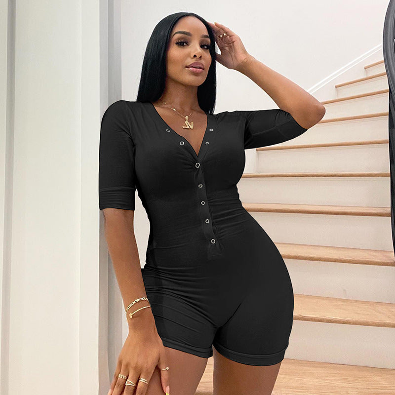 Street Color Basic Slim V Neck Single Row Buckle Mid Sleeve Jumpsuit