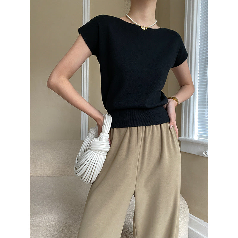 French Simplicity Raglan Sleeve Short Sleeved Sweater Top Bottoming Shirt Early Spring