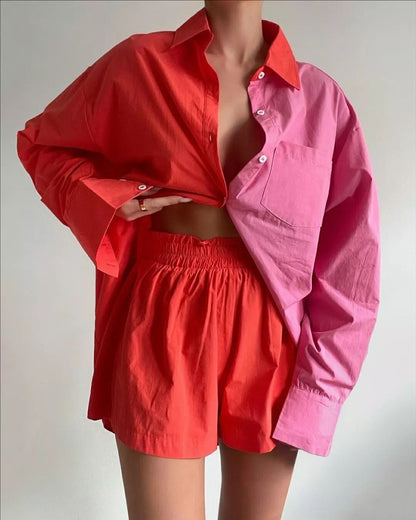 Spring Summer Two Piece Set Color Single Breasted Long Sleeve Collared Shirt Shorts Loose Set