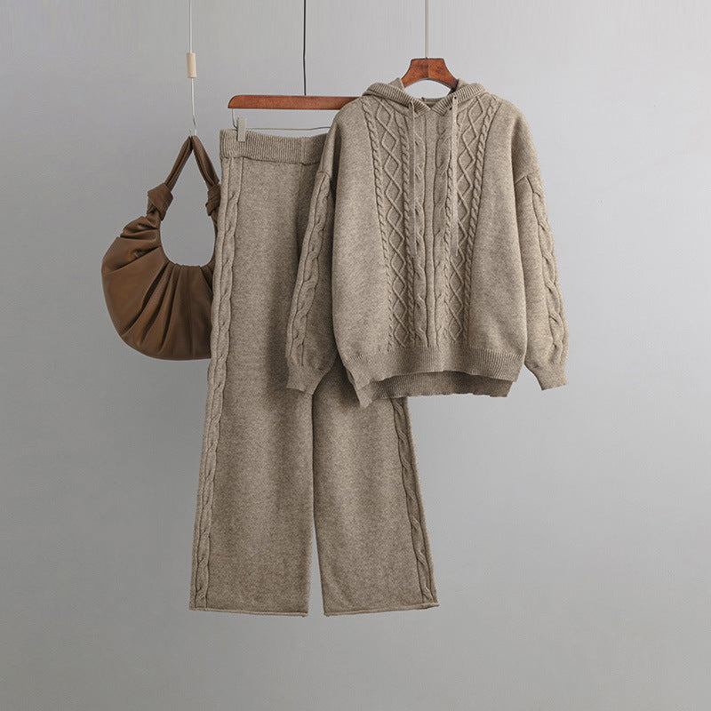 Autumn Winter Suit Hoodie With Drawstrings Loose Sweater Draping Wide Leg Trousers Twist Two Piece Suit