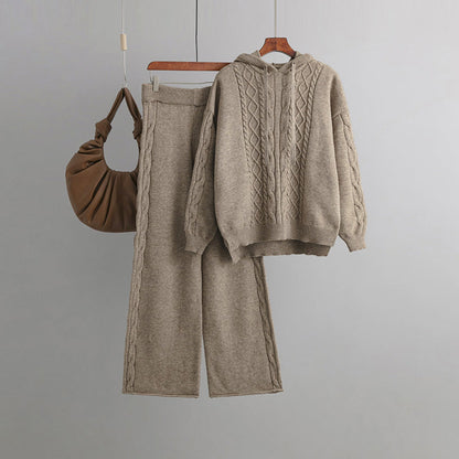 Autumn Winter Suit Hoodie With Drawstrings Loose Sweater Draping Wide Leg Trousers Twist Two Piece Suit