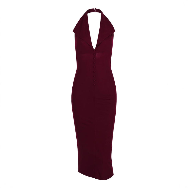 Clothing Backless V Neck Midi Dress Skinny Sheath Split Halter Dress