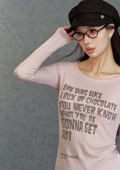Inspirational Quote Ribbed Long Sleeve Tee: Fitted Graphic T-shirt