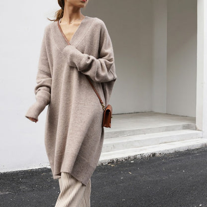 Autumn Winter Korean V Neck Sweater Mid Length Loose Sweater Pullover Thick Dress