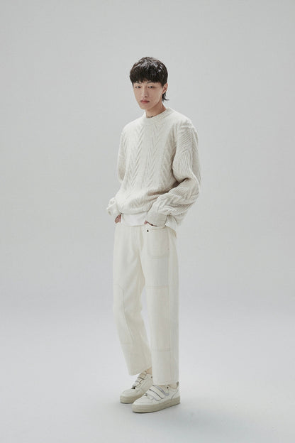 Cream Cable Knit Sweater With Chevron Pattern