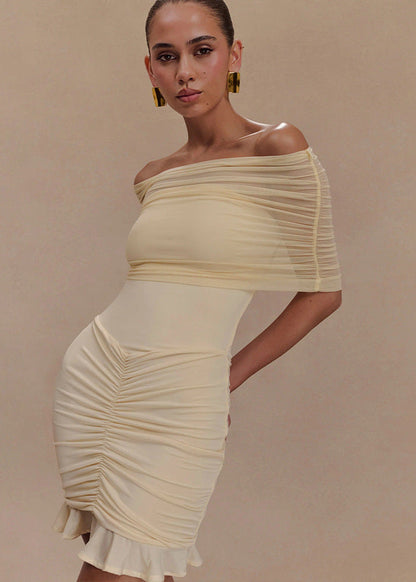 Off-shoulder Mesh Ruched Mini Dress