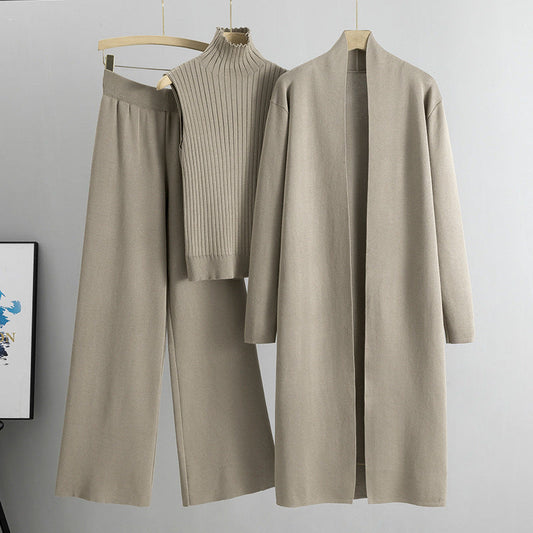 Spring Loose Knitting Suit Long Shawl Cardigan Turtleneck Vest Wide Leg Pants Three Piece Set