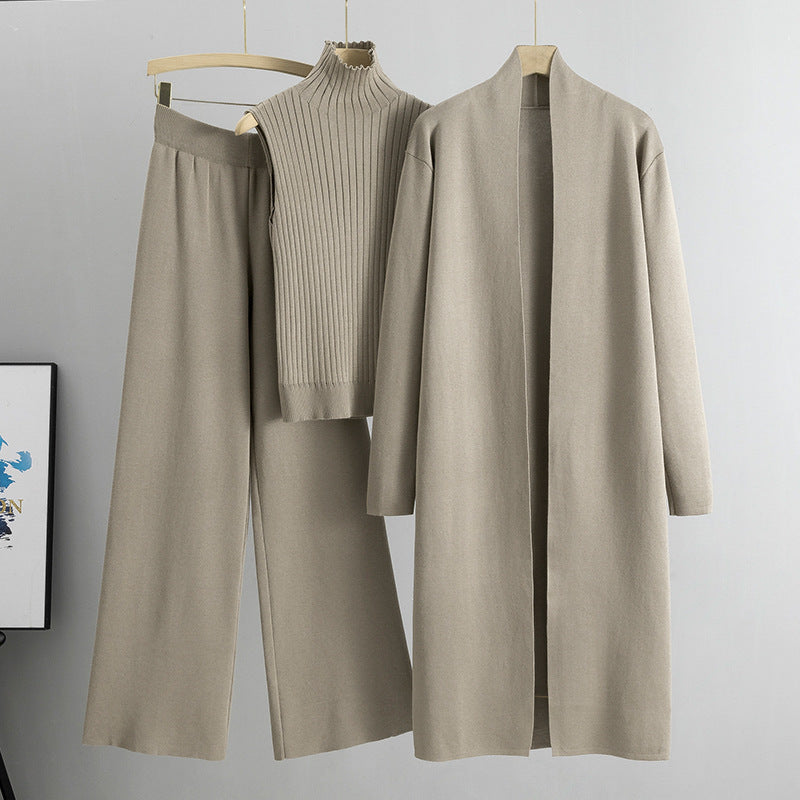 Spring Loose Knitting Suit Long Shawl Cardigan Turtleneck Vest Wide Leg Pants Three Piece Set