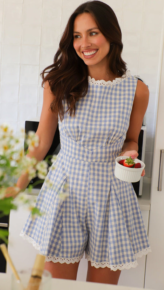 Summer Wear Plaid Waist Tight Stand Collar Short Sleeveless Jumpsuit