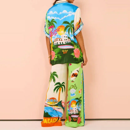 Summer Clothing Multicolor Printing Elastic Waist With Pocket Wide Leg Pants Set
