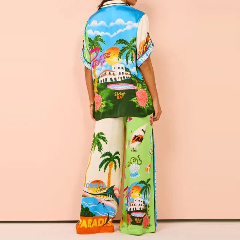 Summer Clothing Multicolor Printing Elastic Waist With Pocket Wide Leg Pants Set