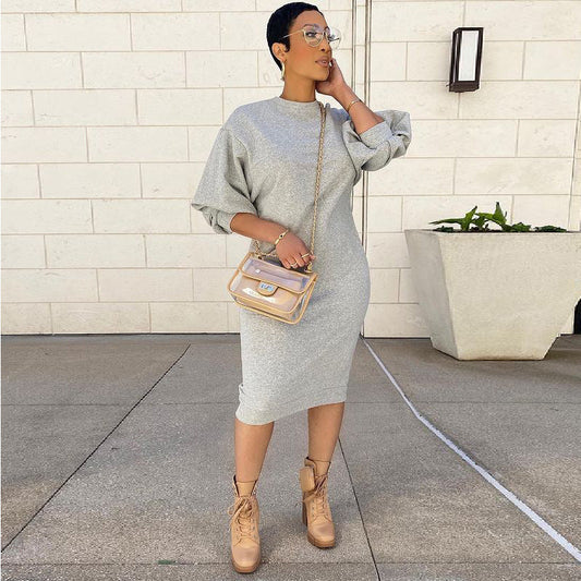 Spring Summer Five-point Lantern Sleeve Loose Large Long Sweater Dress