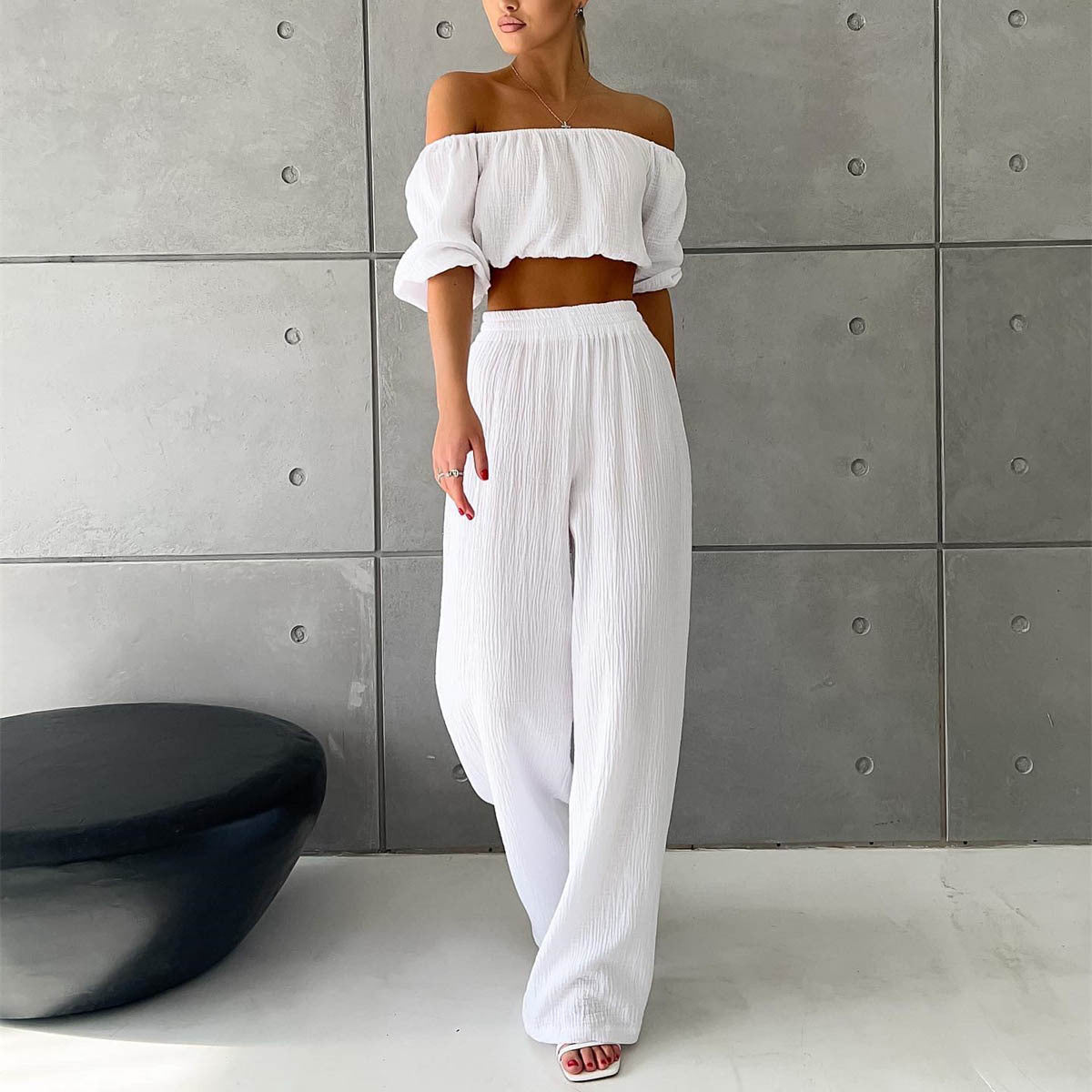 Two Piece Summer Pure Cotton Champray Color Off Neck Short Sleeved Top High Waist Wide Leg Pants Suit