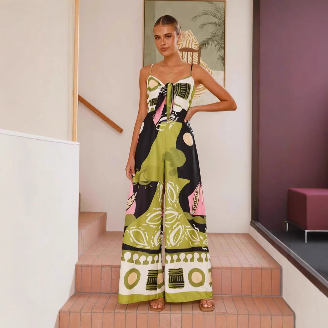 Spring Summer Jumpsuit Cropped Print Sling Wide Leg Jumpsuit