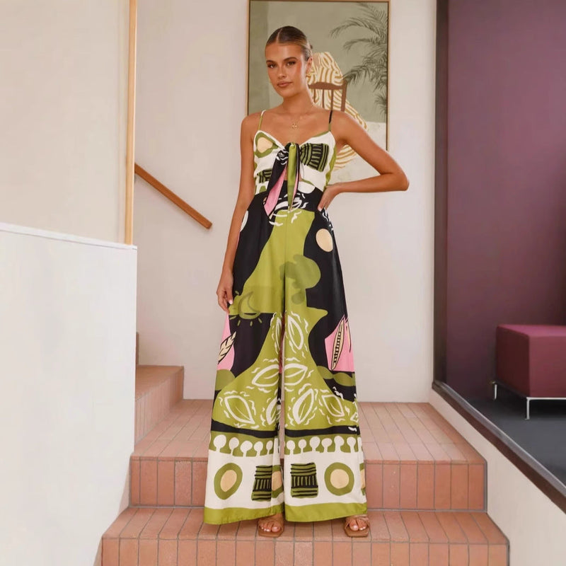Spring Summer Jumpsuit Cropped Print Sling Wide Leg Jumpsuit