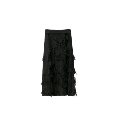 Red Distressed Midi Skirt With Frayed Texture
