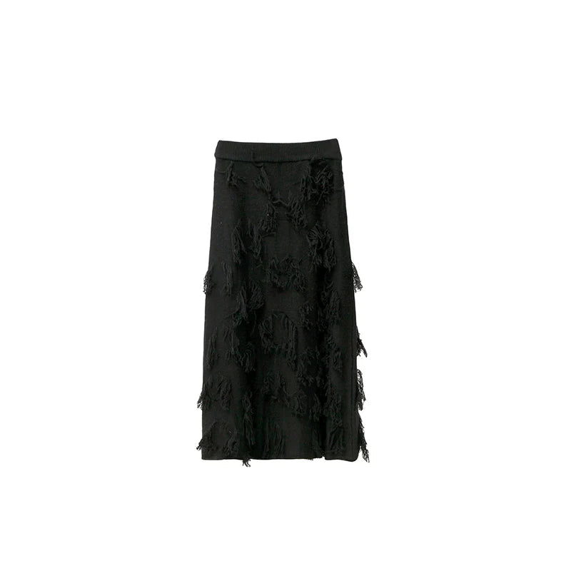 Red Distressed Midi Skirt With Frayed Texture