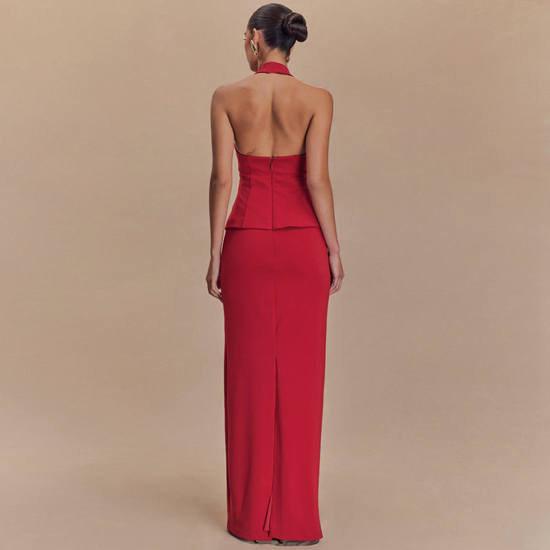 Spring Color Halter Top Backless Slim Fit Maxi Dress Two Piece Set