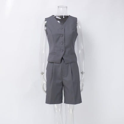 Vest Jacket Spring Summer V Neck Single Breasted Vest Straight Shorts Set