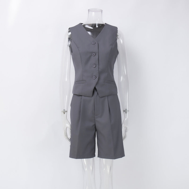 Vest Jacket Spring Summer V Neck Single Breasted Vest Straight Shorts Set