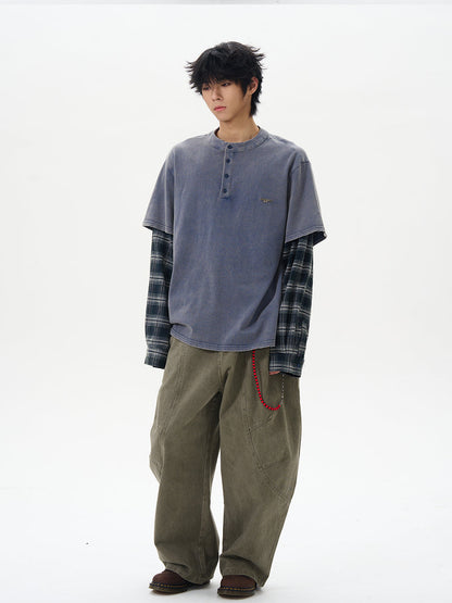 Wide Leg Pleated Dark Denim Pants