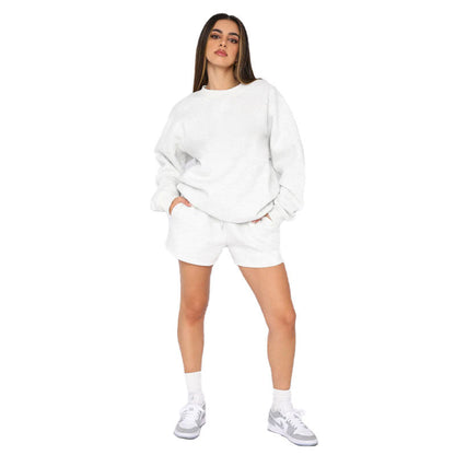 Cotton Autumn Winter Color Round Neck Pullover Long Sleeve Sweater Shorts Set