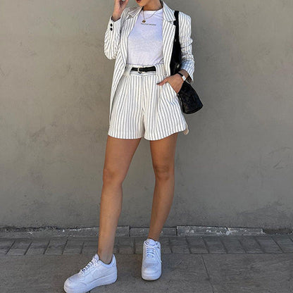 Autumn Fashionable Striped Long Sleeve Shorts Two Piece Set