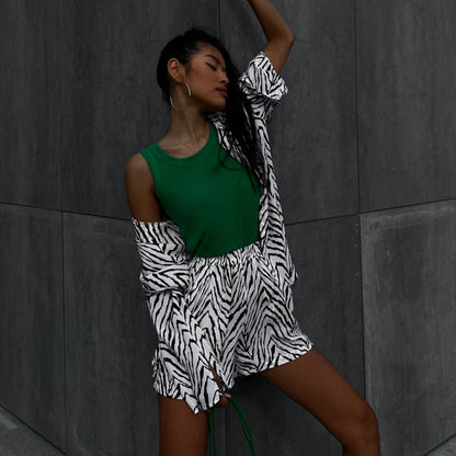 Autumn Set Loose Black White Striped Shirt Shorts Two Piece Set Clothing