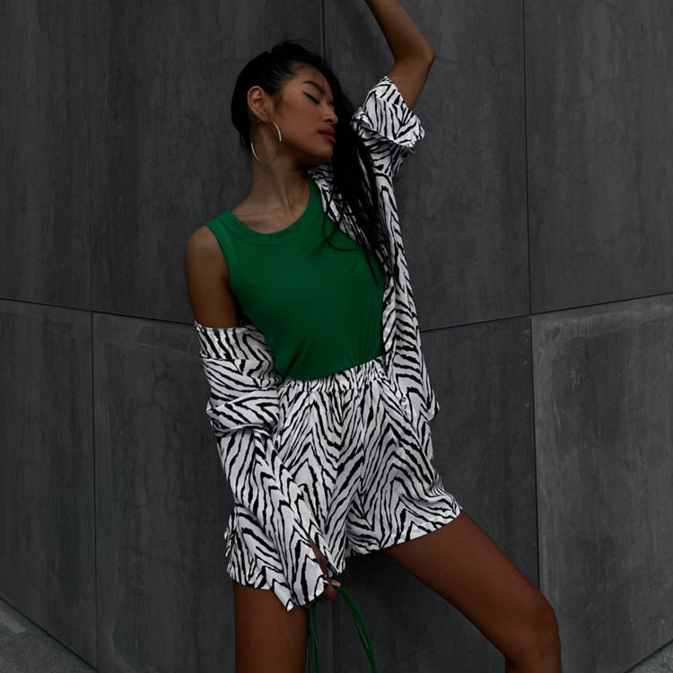 Autumn Set Loose Black White Striped Shirt Shorts Two Piece Set Clothing