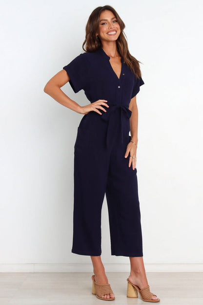 Summer Color Pocket V Neck Cropped Wide Legged Jumpsuit