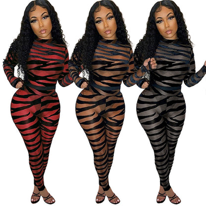 Clothing Striped Printed Sheer Mesh Jumpsuit