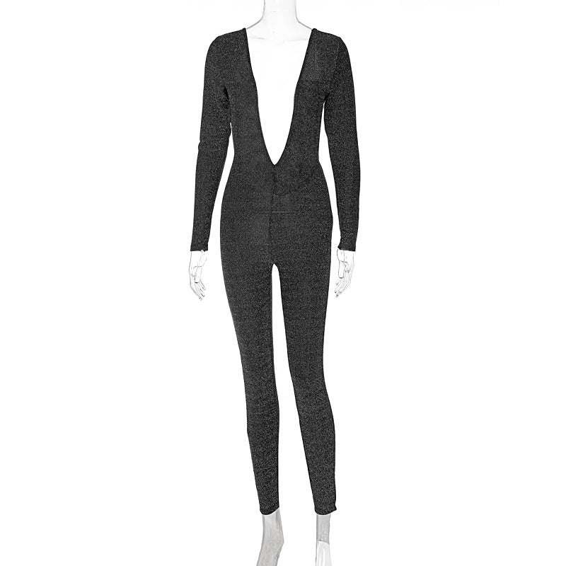 Clothing Summer Silver Shiny V Neck Long Sleeve Backless Jumpsuit