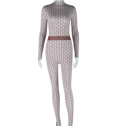 Clothing Printed Street Round Neck Long Sleeve Trousers Body Pants Fitness Jumpsuit