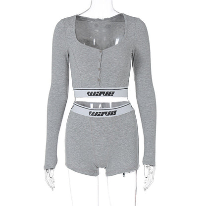Clothing Tight Long Sleeves Cropped Shirt Top High Waist Shorts Sports Two Piece Seit