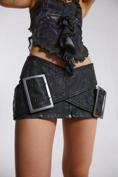 Washed Old Pu Leather Double-breasted Skirt