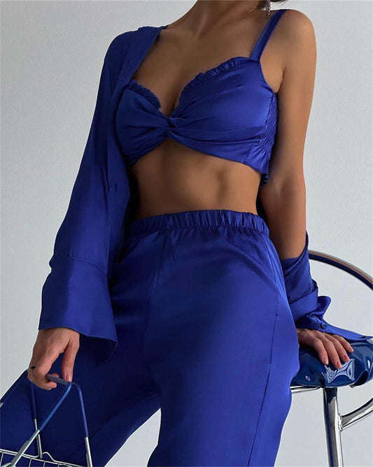 Spring Autumn Satin Three Piece Set Clothing Satin Wrapped Chest Vest Shirt Pants Set
