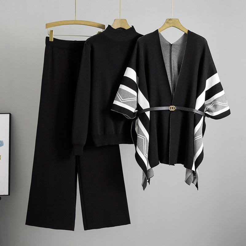 Spring Graceful Fashionable Knitted Shawl Cardigan Turtleneck Sweater Wide Leg Pants Three Piece Set