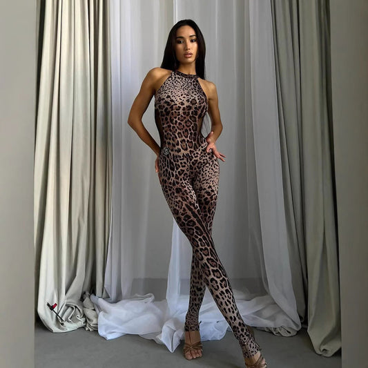 Sleeveless Halter Leopard Print Printed Mesh Stitching Jumpsuit Tight High Elastic Trousers