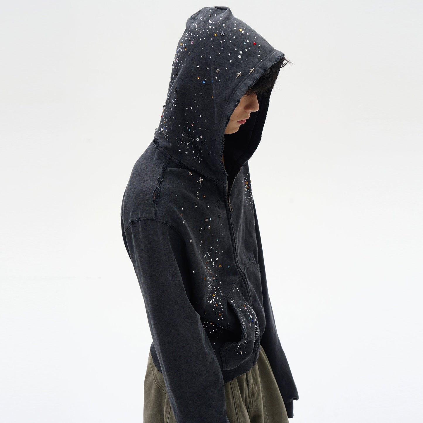 Black Distressed Zip-up Hooded Sweatshirt