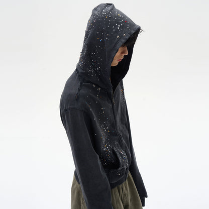 Black Distressed Zip-up Hooded Sweatshirt