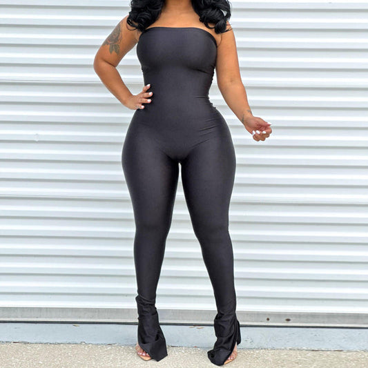 Clothing Off Neck Stitching High Elastic Slit Slim Fitting Jumpsuit