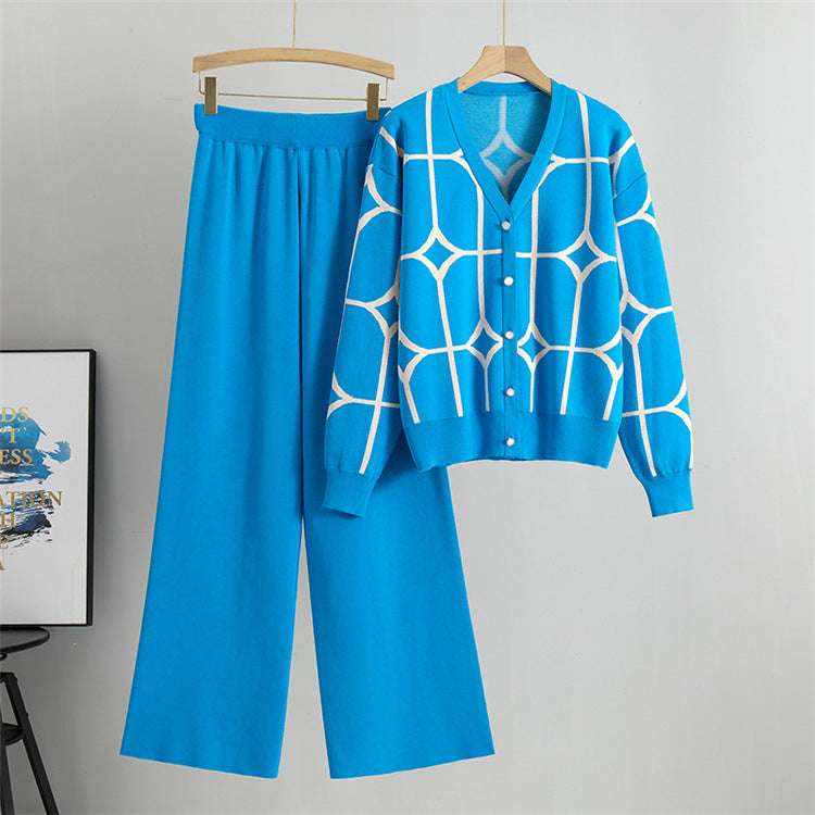 Light Blue - Knit Wide-leg Pants & Sweater Two Piece Set