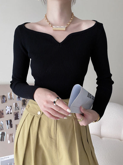 Petal Collar Short Sweater for Autumn Slim Fit Collarbone Bottoming Shirt