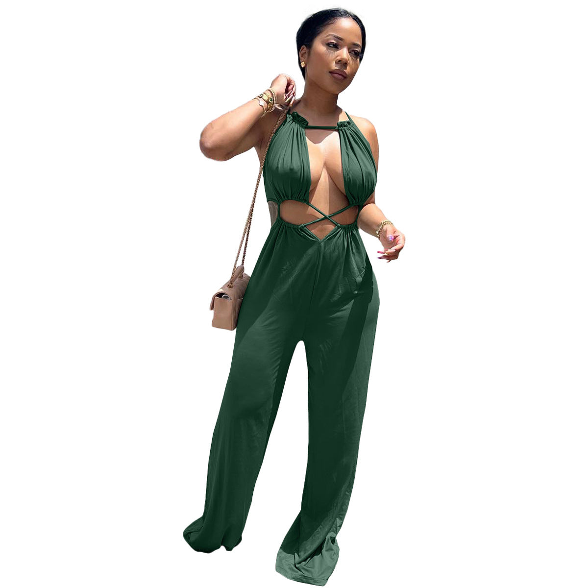 Irregular Asymmetric Lace Up Wrapped Chest Loose Wide Leg Jumpsuit