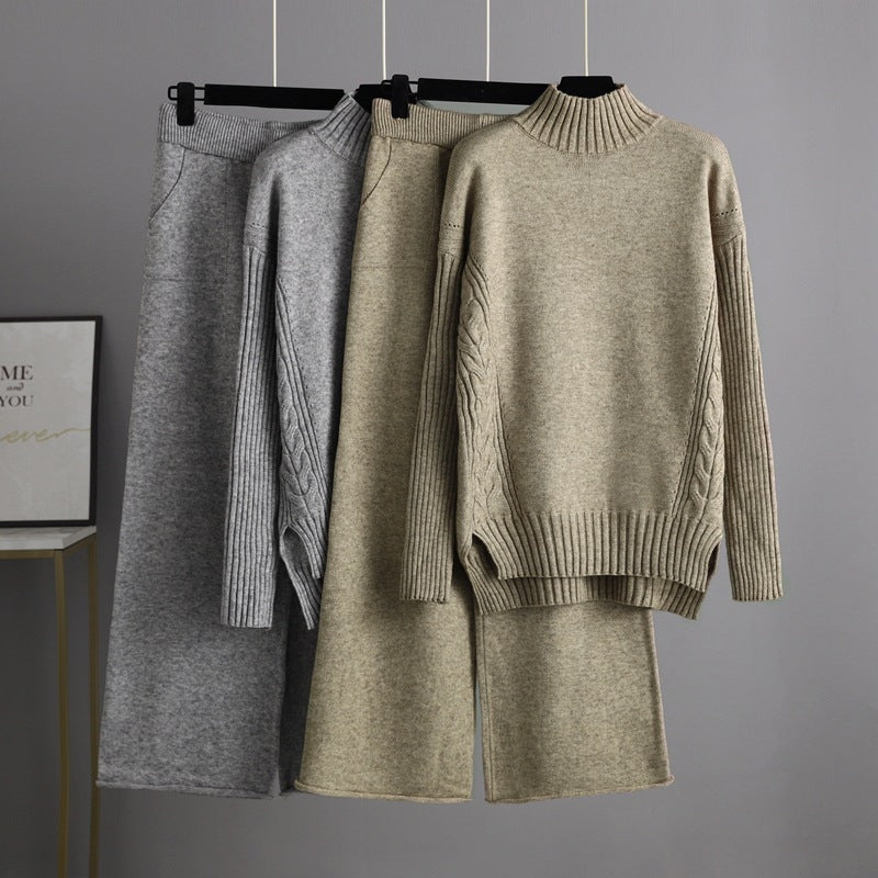 Autumn Winter Fashionable Stylish Sweater Suit Drape Knit Wide Leg Pants Two Piece Set